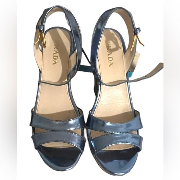 Prada Blue Metallic Leather Platform Wedge Sandal Size 7 or 37 EU - Picture 5 of 17